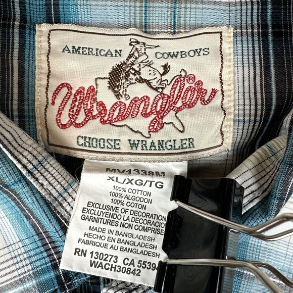 Vintage Wrangler Mens Western Pearl Snap Shirt XL Blue White Plaid Cotton - Picture 5 of 7